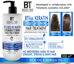 Beauty Tree BTliss Hair Straightening Keratin Treatment Formaldehyde Free, Professional Hair Treatment For Salon Smooth Straight Hair | Formaldehyde Free | Hair Keratin For Women & Men 500 ml