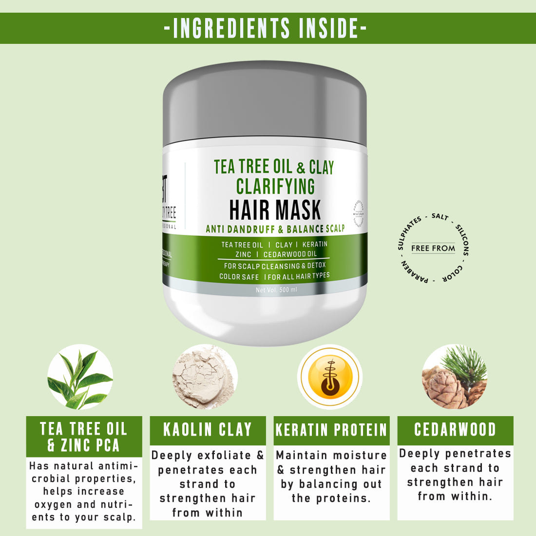 Beauty Tree Professional Tea Tree Oil and Clay Hair Mask Anti Dandruff Hair Mask, Removes build up and flakes, Deep Conditioning For Women & Men 500 ml