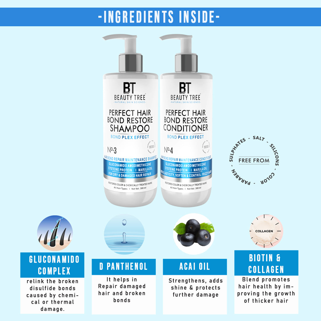 Beauty Tree Perfect Hair Bond Restore Shampoo & Conditioner With Arginine & Hair Amino Acid to Repair Damaged Hair bond 600(300X2) ml
