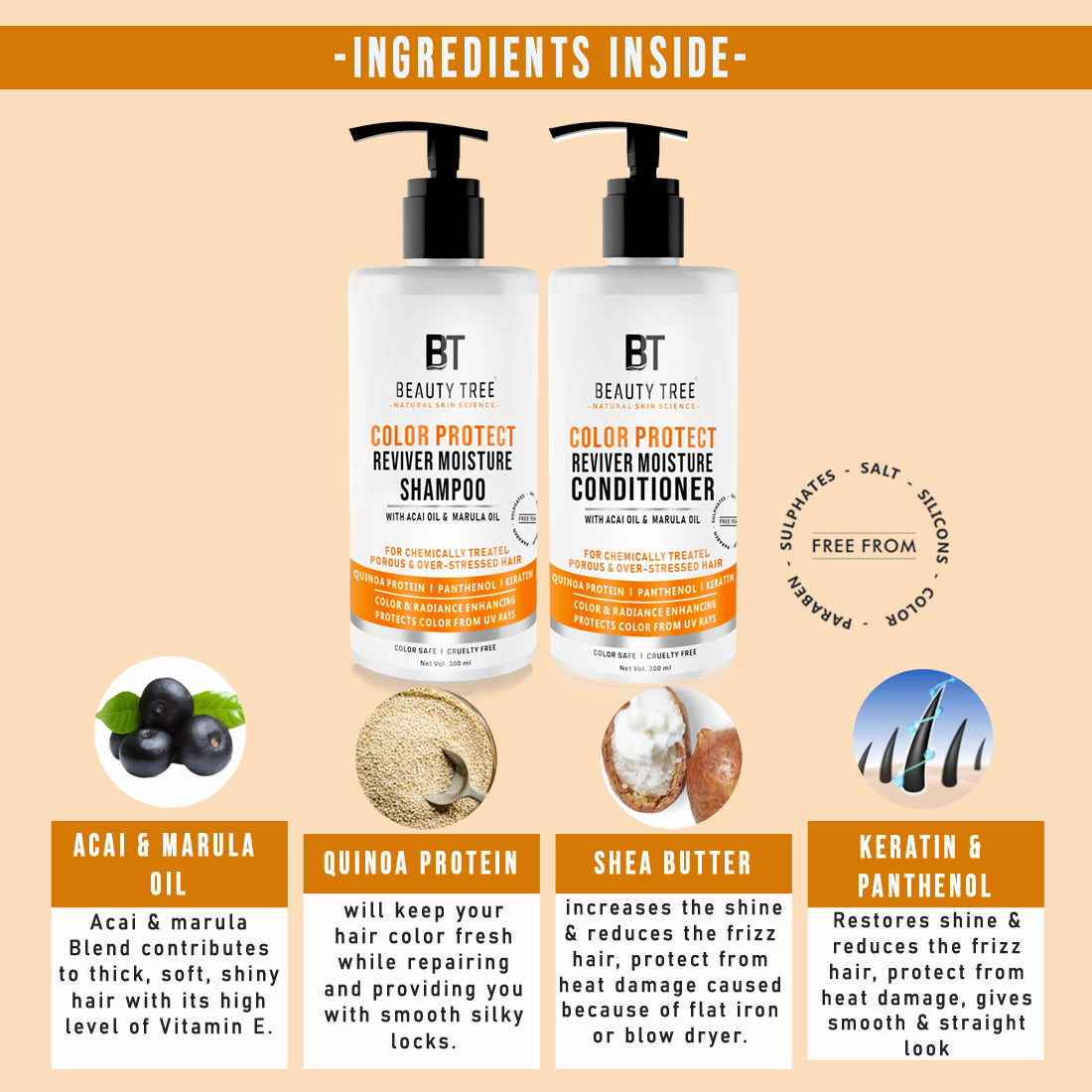 Beauty Tree Color Protect Reviver Moisture Shampoo & Conditioner 600 With Quinoa Protein, Acai & Marula oil to Protect Color & Repair Damaged Hair (300X2)ml