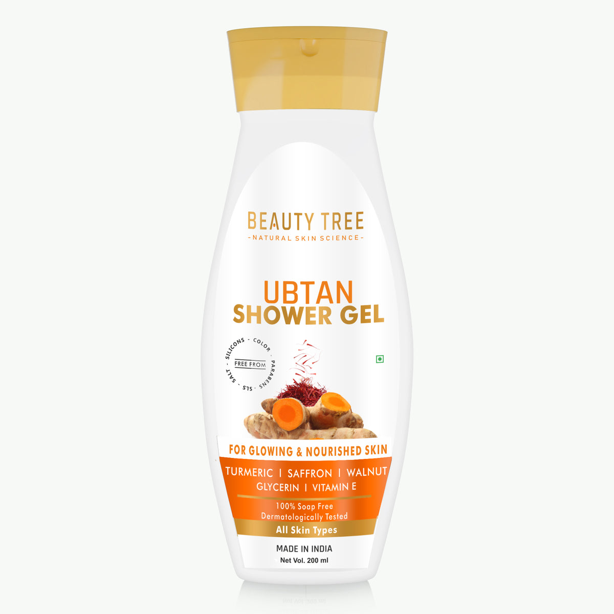 Beauty Tree Ubtan Shower Gel with Turmeric, Saffron, Aloe Vera Extract & Vitamin E For Exfoliation | De Tan & Brightening | Dark Spots Removal | For Women & Men 200 ml