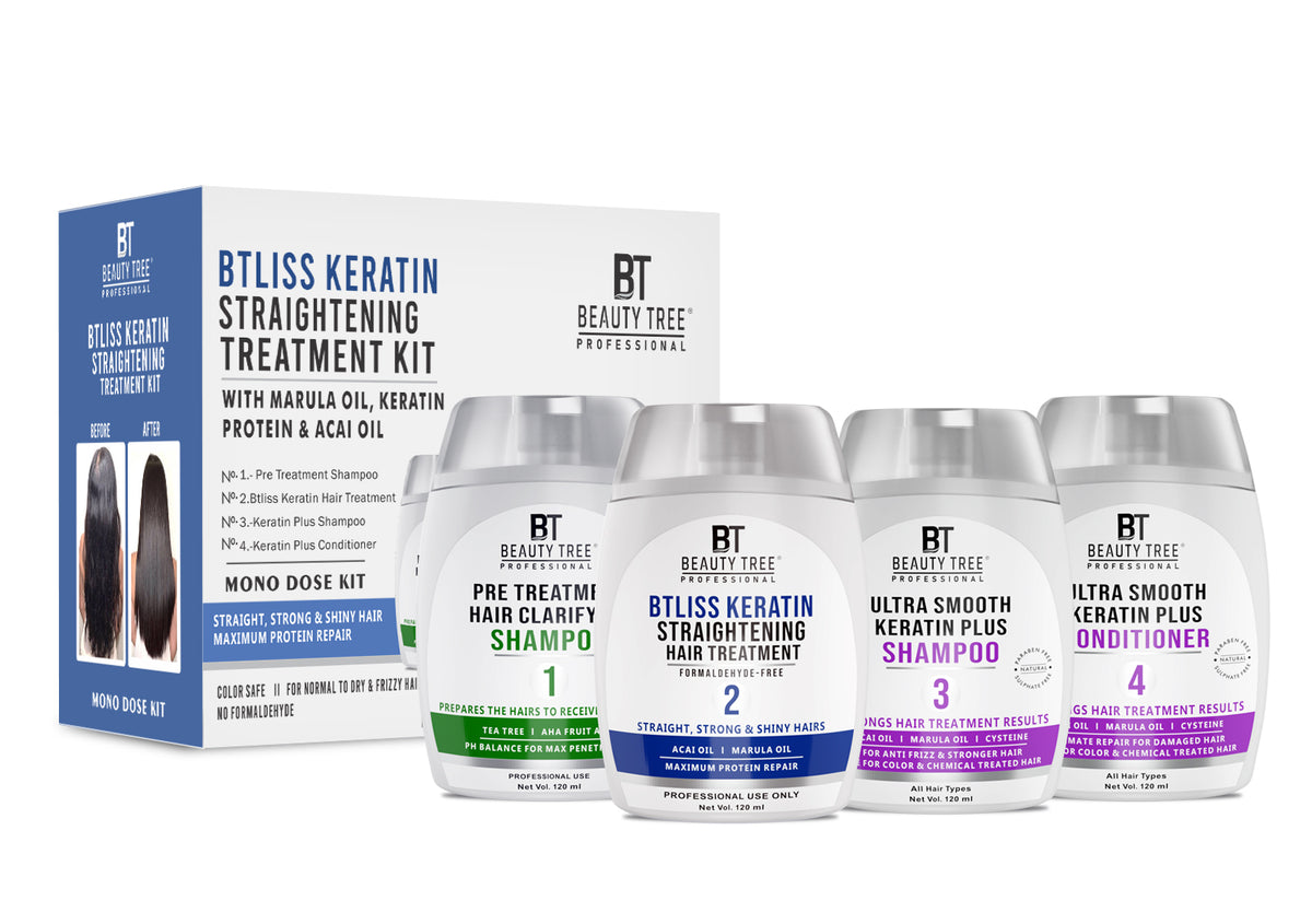 Beauty Tree Btliss Keratin Straightening Hair Treatment Marula & Acai Oil Mono Dose Kit With Keratin protein & Acai oil For gives hair flexibility, protect color, repair damaged Hair, 480 ml(120mlX4)