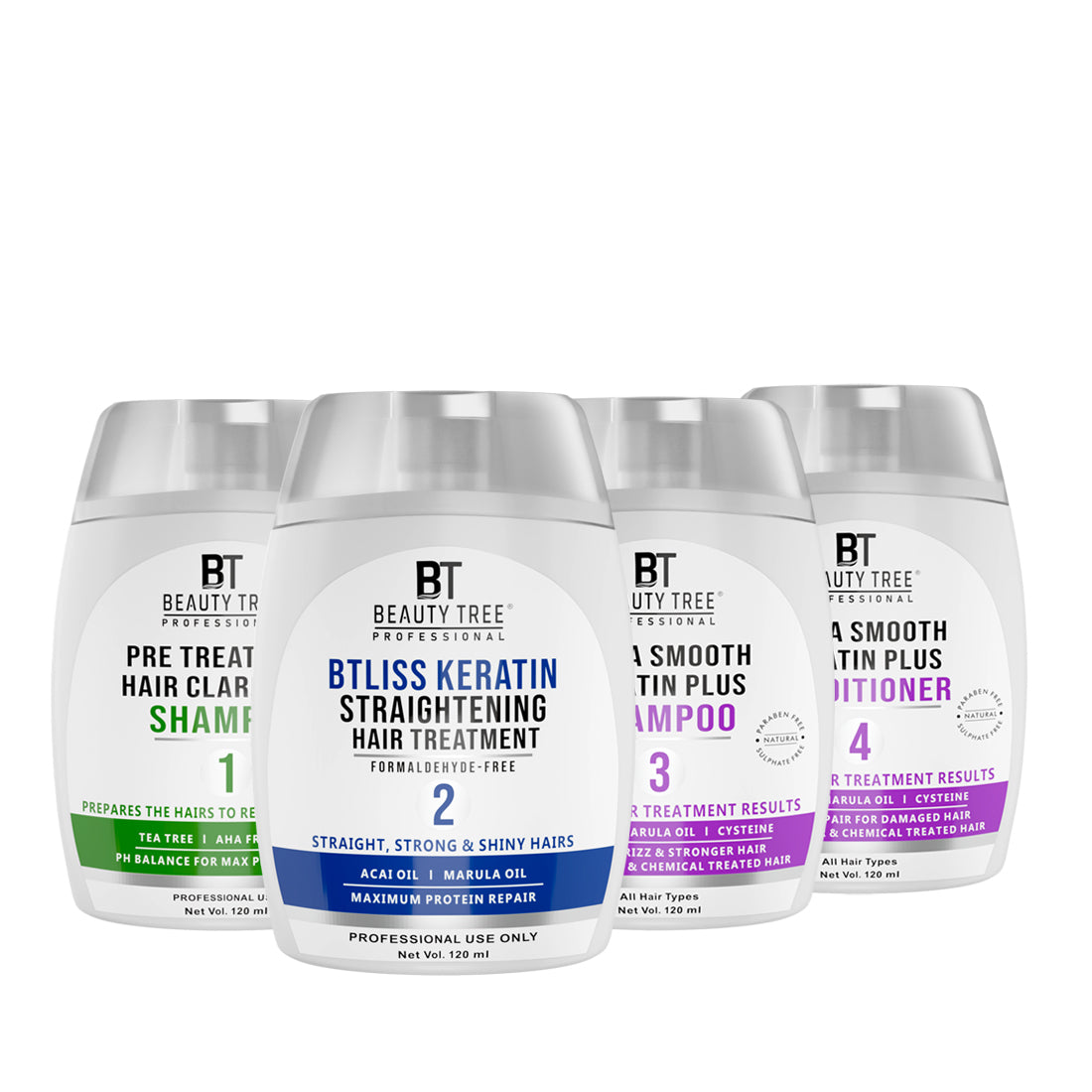 Beauty Tree Btliss Keratin Straightening Hair Treatment Marula & Acai Oil Mono Dose Kit With Keratin protein & Acai oil For gives hair flexibility, protect color, repair damaged Hair, 480 ml(120mlX4)