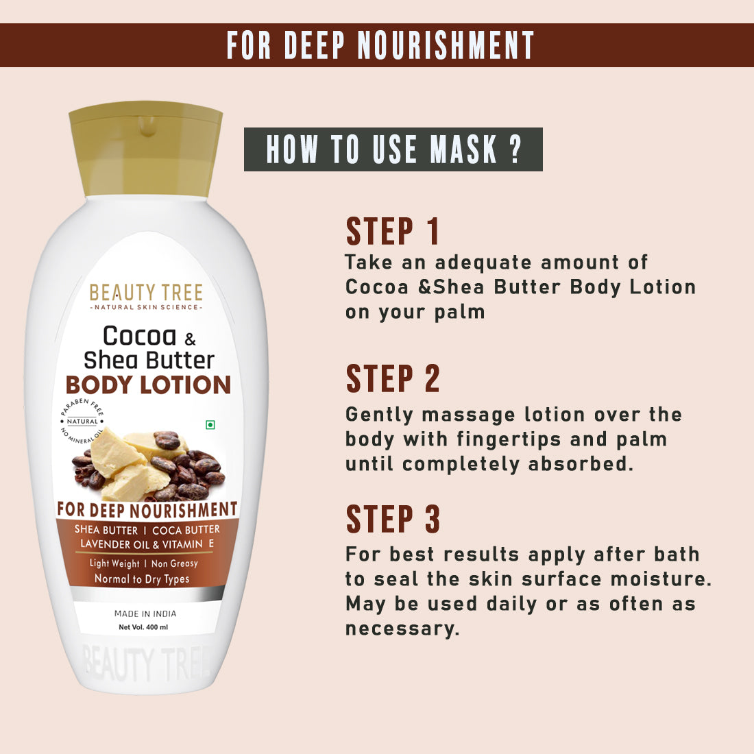 Beauty Tree Cocoa & Shea Butter Body Lotion for deep nourishment & moisturisation 400 ml