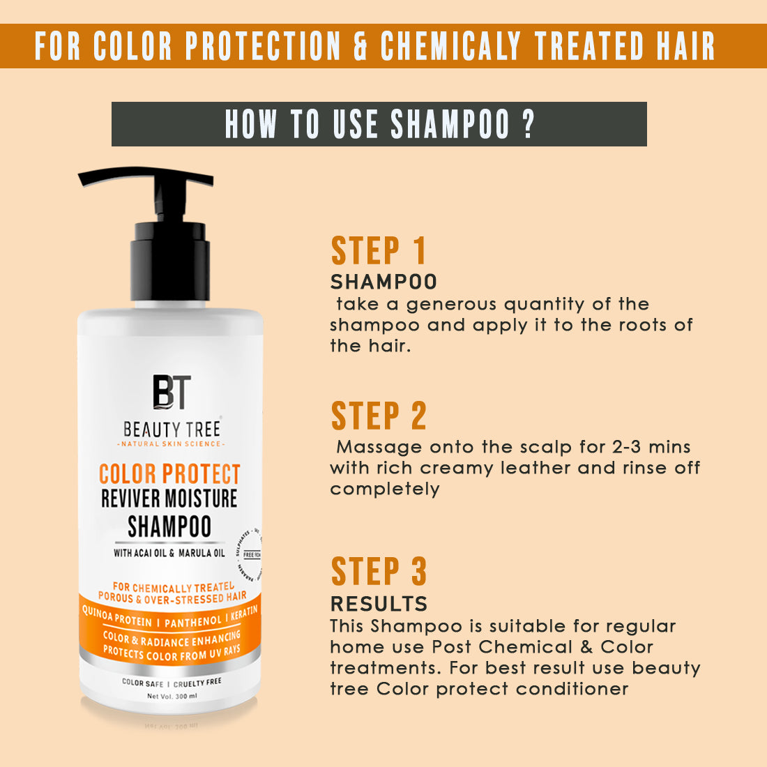 Beauty Tree Color Protect Reviver Moisture Shampoo With Quinoa Protein, Acai & Marula oil to Protect Color &Repair Damaged Hair 300 ml
