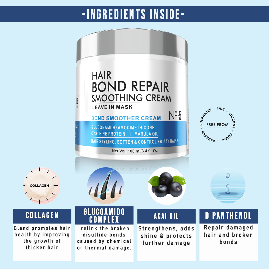 Beauty tree Hair Bond Repair Smoothing Leave- in Cream epairing hair proteins for stronger, flexible hairs 100 ml