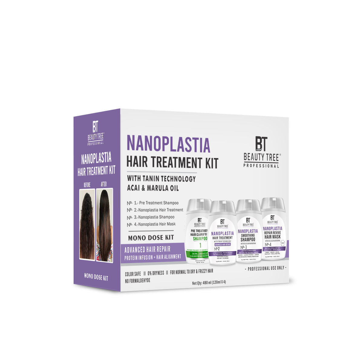 Beauty Tree Nanoplastia Hair Treatment With Tanin Technology Marula & Acai Oil Mono Dose Kit With Tannin, Acai Fruit Oil, Collagen, For Damaged, Dry & Frizzy Hair | For Women & Men 480 ml(120mlX4)