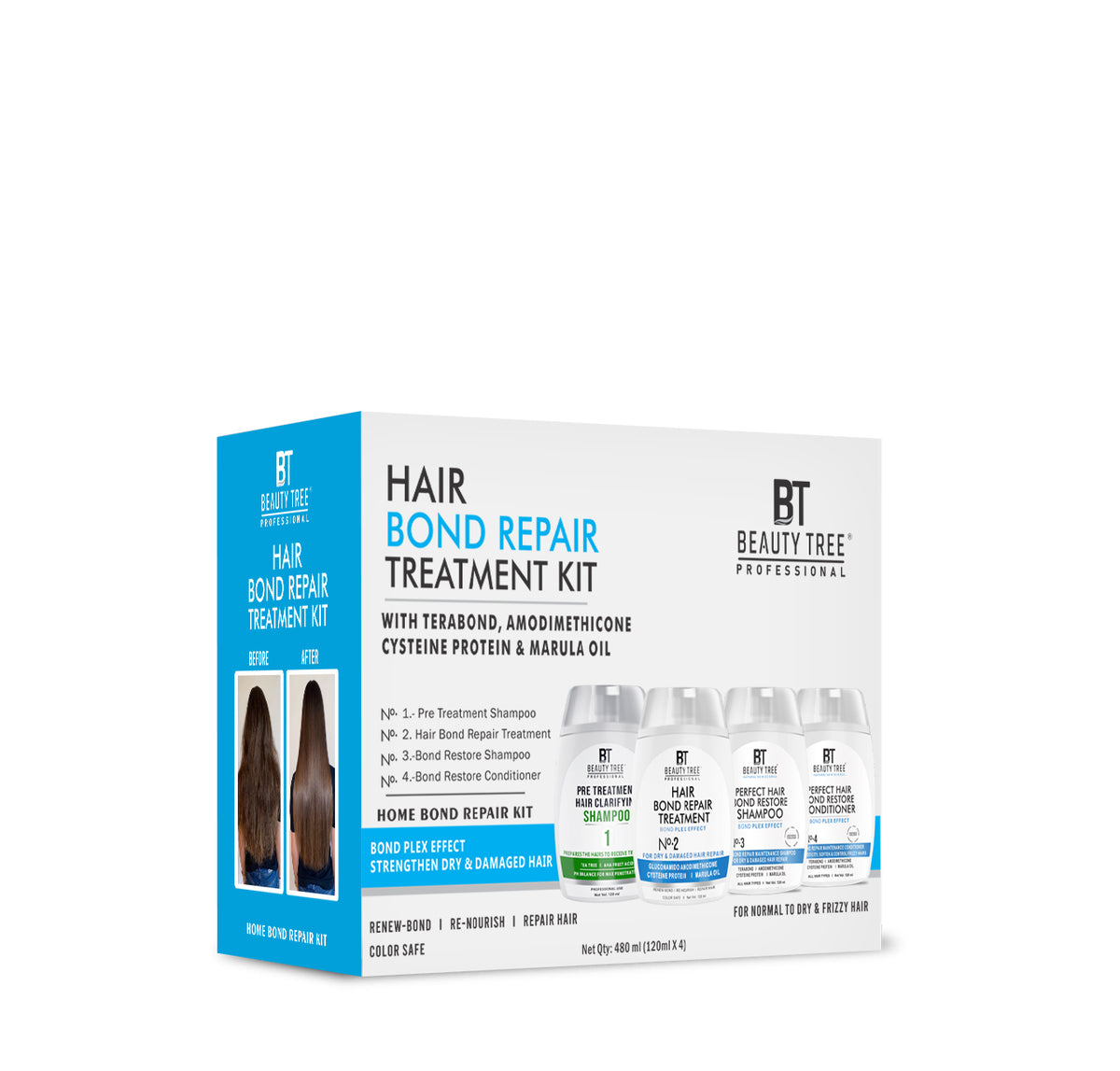 Beauty Tree Hair Bond Repair Treatment Home Care Mono Kit with for Dry Damaged Hair Repair with Amino & Proteins For Damaged, Dry & Frizzy Hair | Hair Bond Repair | Formaldehyde Free, Smell Free | For Women & Men 480 ml(120mlX4)