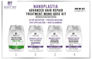 Beauty Tree Nanoplatia Hair Treatment With Tanin Technology Marula & Acai Oil Mono Dose Kit With Tannin, Acai Fruit oil, collagen, ketain For straighten and strengthen your hair 480 ml(120mlX4)