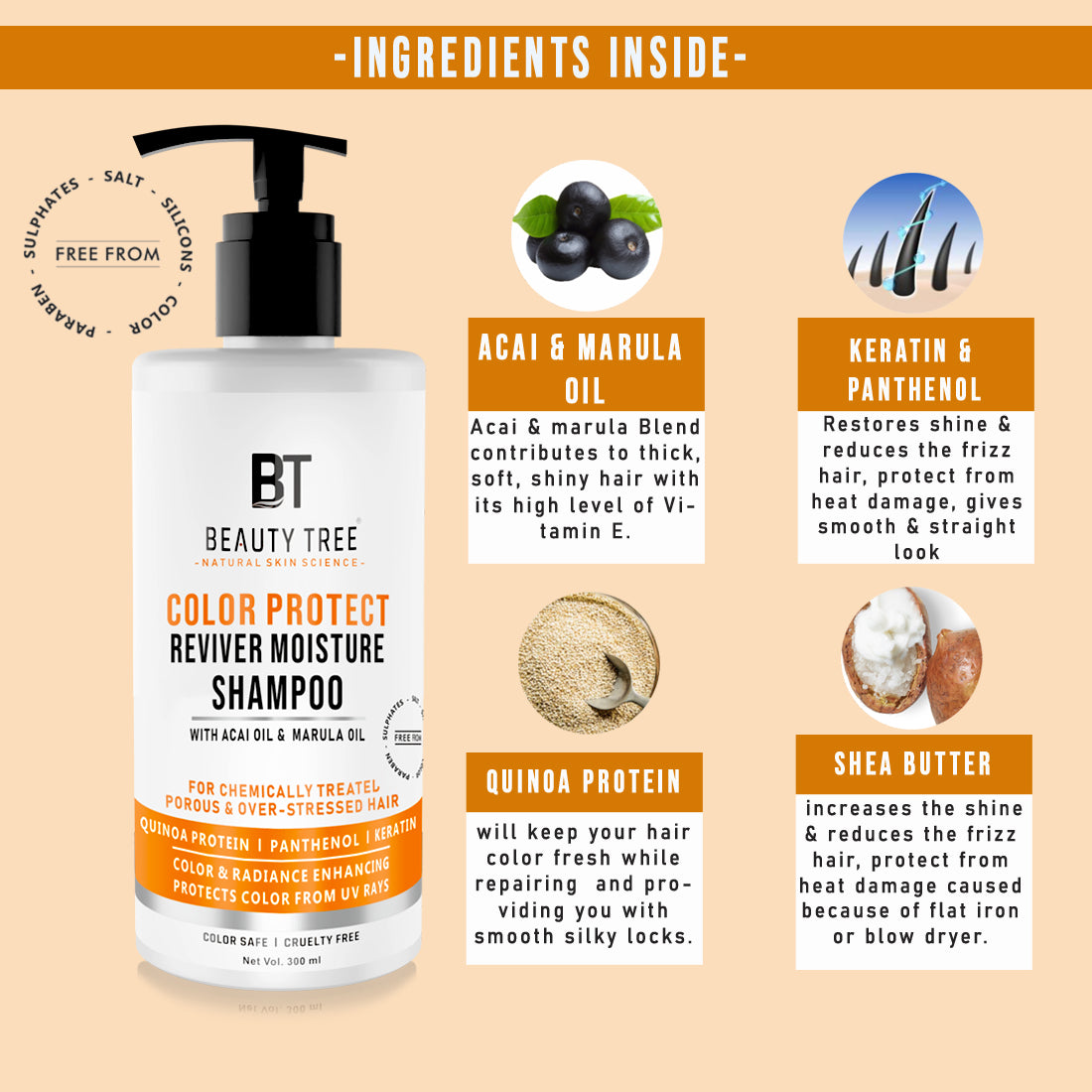 Beauty Tree Color Protect Reviver Moisture Shampoo With Quinoa Protein, Acai & Marula oil to Protect Color &Repair Damaged Hair 300 ml