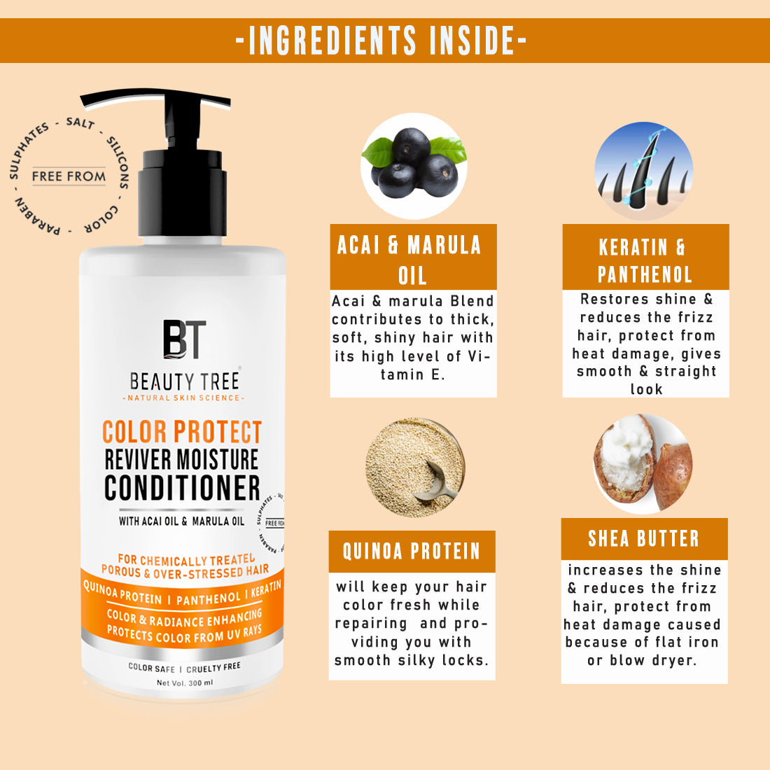 Beauty Tree Color Protect Reviver Moisture Conditioner With Quinoa Protein, Acai & Marula oil to Protect Color & Repair Damaged Hair 300 ml