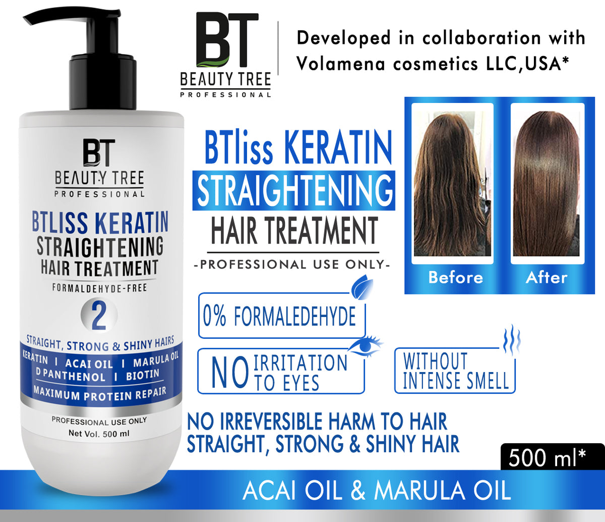Beauty Tree BTliss Hair Straightening Keratin Treatment Formaldehyde Free, Professional Hair Treatment For Salon Smooth Straight Hair | Formaldehyde Free | Hair Keratin For Women & Men 500 ml