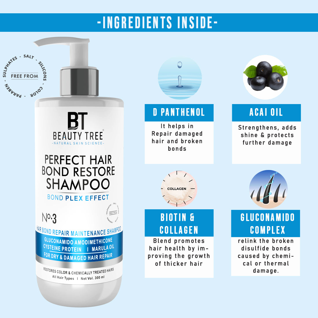 Beauty tree Perfect Hair Bond Restore Shampoo With Arginine & Hair Amino Acid to Repair Damaged Hair bond 300 ML