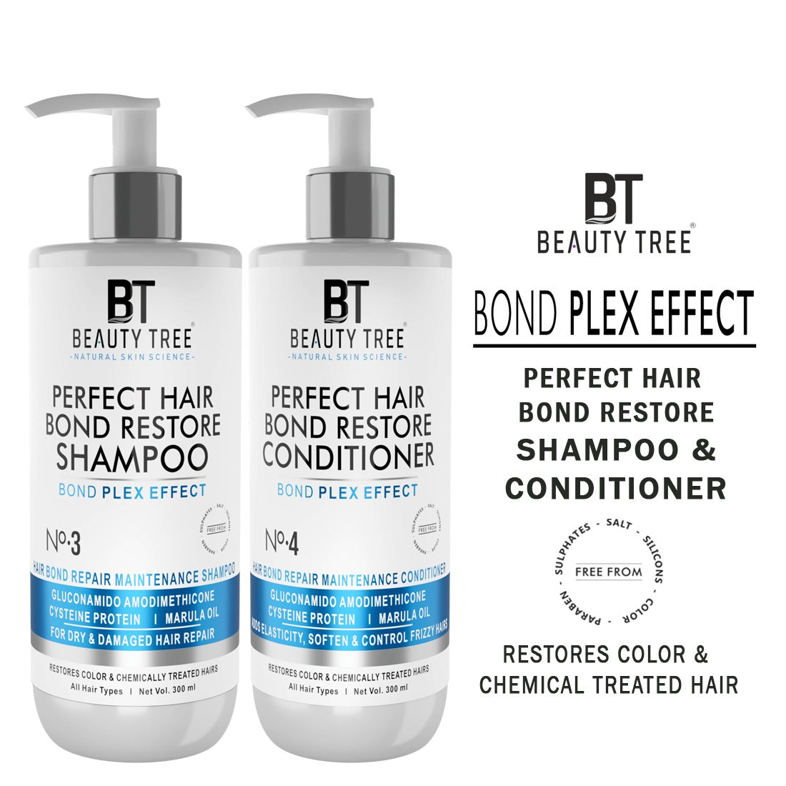 Beauty Tree Perfect Hair Bond Restore Shampoo & Conditioner With Arginine & Hair Amino Acid to Repair Damaged Hair bond 600(300X2) ml