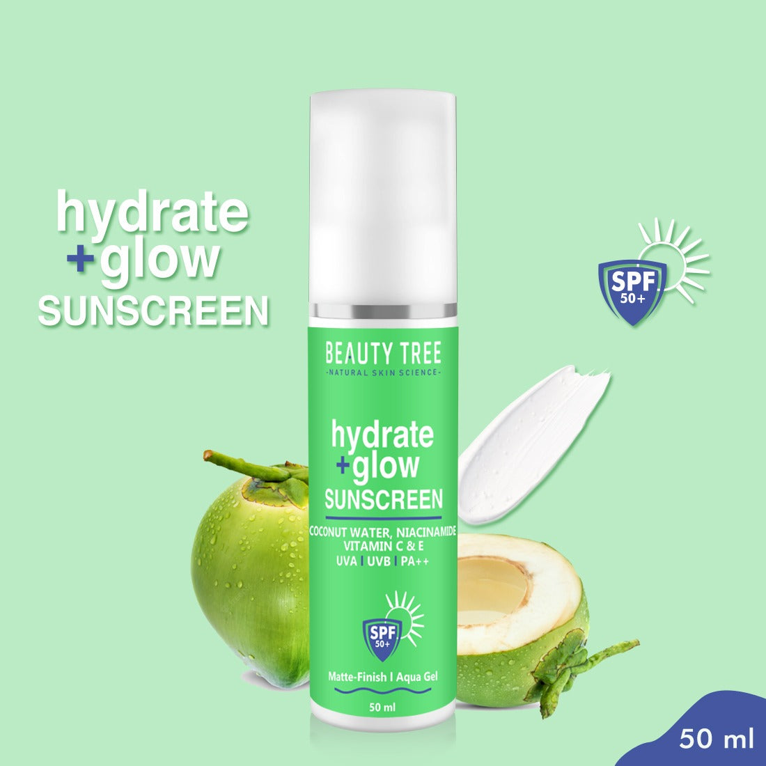 Beauty Tree Hydrate + Glow Sunscreen Gel with SPF 50 ++++ | For Sun Protection | Intense Hydration | UVA /UVB Protection | Women & Men 50 ml