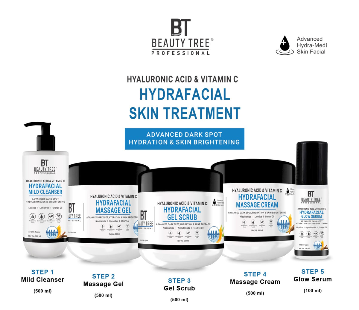 Beauty Tree Hyaluronic Acid & Vitamin-C Hydrafacial Skin Treatment ( Facial kit) For Hydration & Skin Brightening For Women & Men 5 - Steps 2100 ml