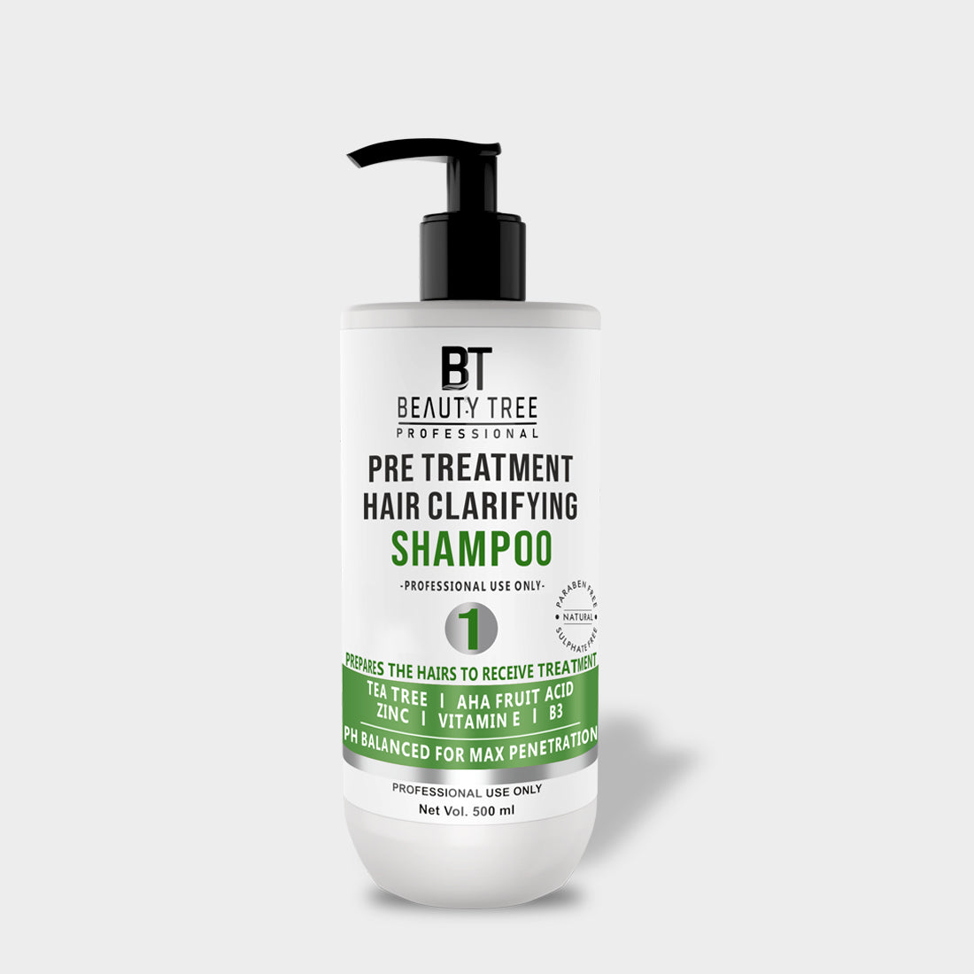 Beauty Tree Pre Treatment Hair Clarifying Shampoo STEP1 with Tea Tree, AHA Fruit Acid , Zinc, Vitamin E & B3 For Deep Hair & Scalp Cleansing For Women & Men 500 ml