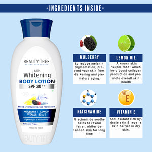 Beauty Tree Whitening Body Lotion SPF 30++ Body Lotion Mulberry, Lemon oil & Vitamin E & B3 for Skin Lightening 400 ml