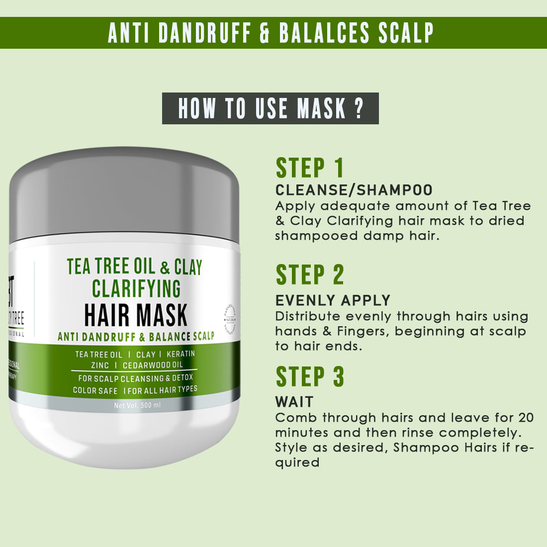 Beauty Tree Professional Tea Tree Oil and Clay Hair Mask Anti Dandruff hair mask, removes buid up and flakes, deep conditioning, 500 ml