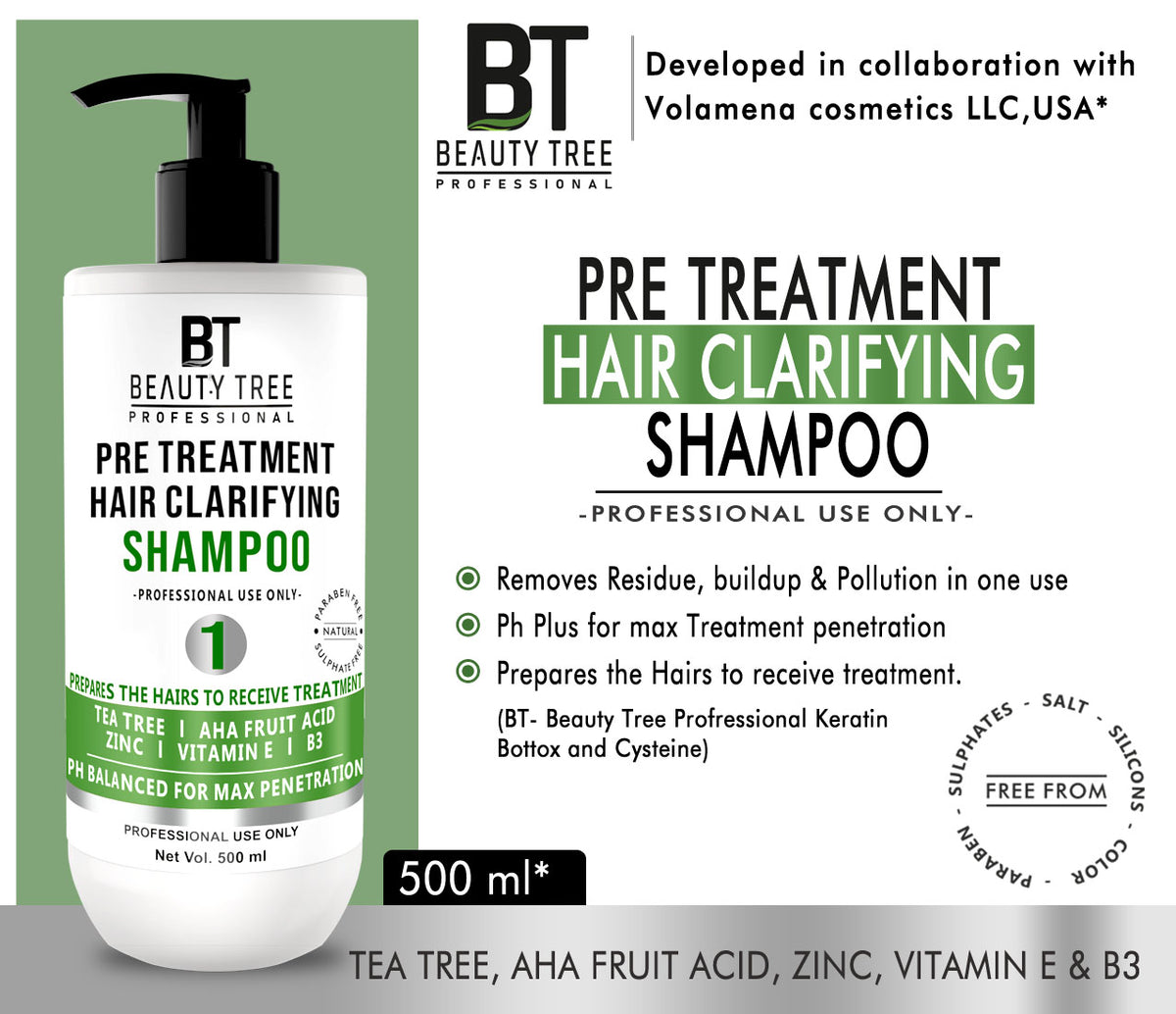 Beauty Tree Pre Treatment Hair Clarifying Shampoo STEP1 with Tea tree, AHA Fruit Acid , Zinc, Vitamin E & B3 For Deep Hair & Scalp Cleansing 500 ml