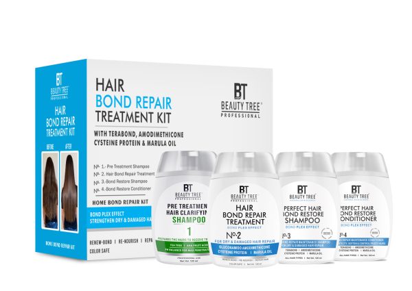 Beauty Tree Hair Bond Repair Treatment Home Care Mono Kit with With Terabond & Amodimethicone Glucon Amodimethicone, Cysteine Protein for stronger, flexible hairs. 480 ml(120mlX4)